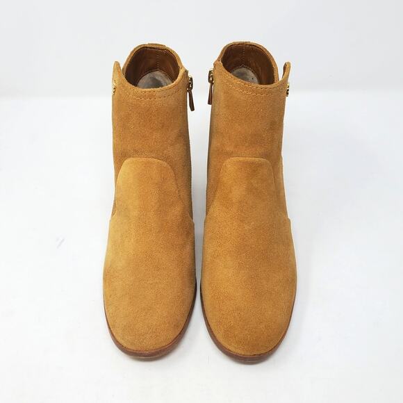 Tory Burch Sabe Heeled Ankle Booties Suede Leather Tan Gold Logo Size US 7 - Picture 6 of 9